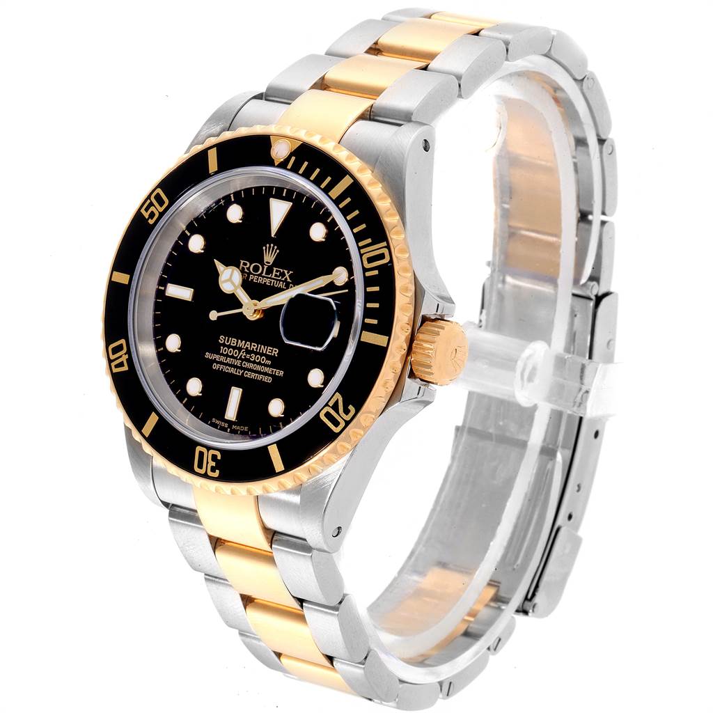 The image shows a Rolex Submariner 16613 Men
s Steel and Gold (two tone) Black Dial 16613 Men
s Steel and Gold (two tone) Black Dial watch from a three-quarter angle, highlighting the face, bezel, crown, and bracelet.