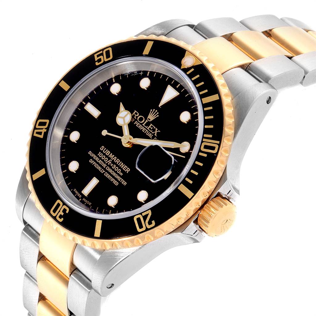 The image shows a side view angle of a Rolex Submariner 16613 Men
s Steel and Gold (two tone) Black Dial 16613 Men
s Steel and Gold (two tone) Black Dial watch showcasing the dial, bezel, crown, and part of the bracelet.