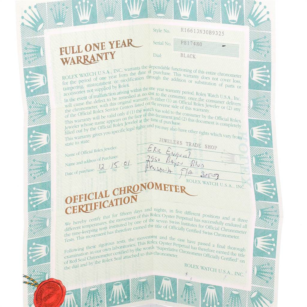 This image shows a warranty card and official chronometer certification for a Rolex Submariner 16613 Men
s Steel and Gold (two tone) Black Dial 16613 Men
s Steel and Gold (two tone) Black Dial model.