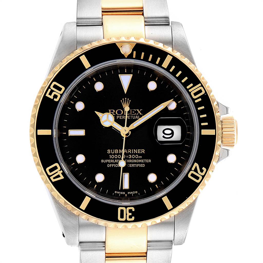 This image shows a front view of a Rolex Submariner 16613 Men
s Steel and Gold (two tone) Black Dial 16613 Men
s Steel and Gold (two tone) Black Dial watch, displaying the dial, bezel, and part of the bracelet.