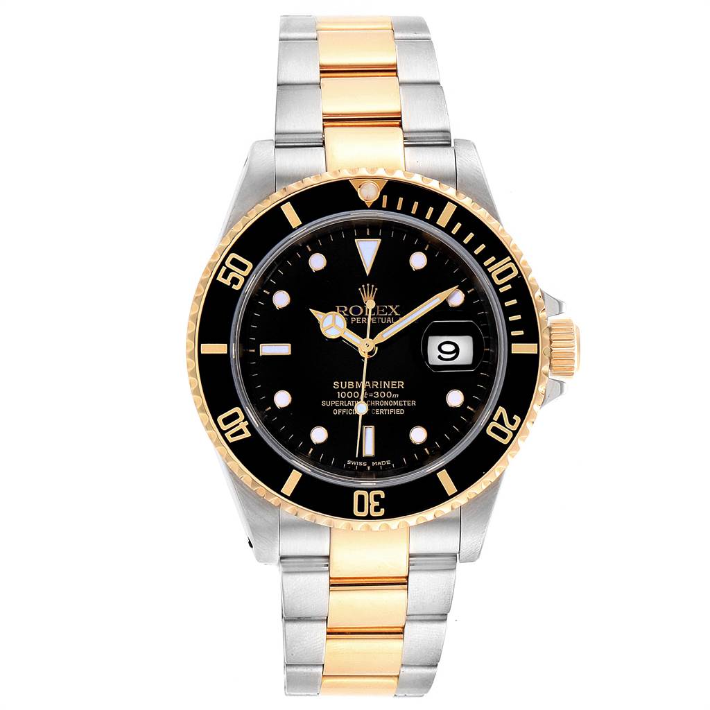 This image shows a Rolex Submariner 16613 Men
s Steel and Gold (two tone) Black Dial 16613 Men
s Steel and Gold (two tone) Black Dial watch from a top-down angle, displaying its black dial, bezel, and two-tone bracelet.