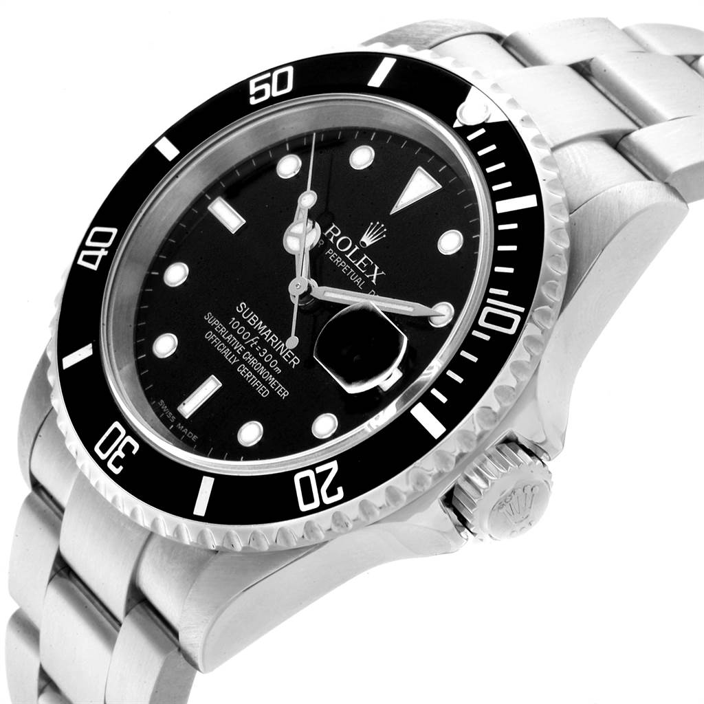 The Rolex Submariner 16610 Men
s Stainless Steel Black Dial 16610 Men
s Stainless Steel Black Dial watch is shown at a three-quarter angle highlighting its bezel, dial, crown, and bracelet.