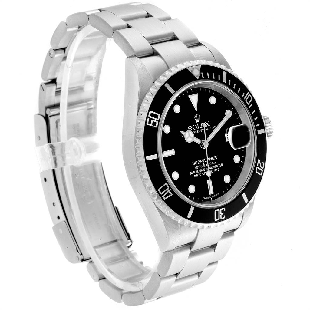 The image shows a side-angle view of a Rolex Submariner 16610 Men
s Stainless Steel Black Dial 16610 Men
s Stainless Steel Black Dial, highlighting the bezel, dial, crown, and bracelet.