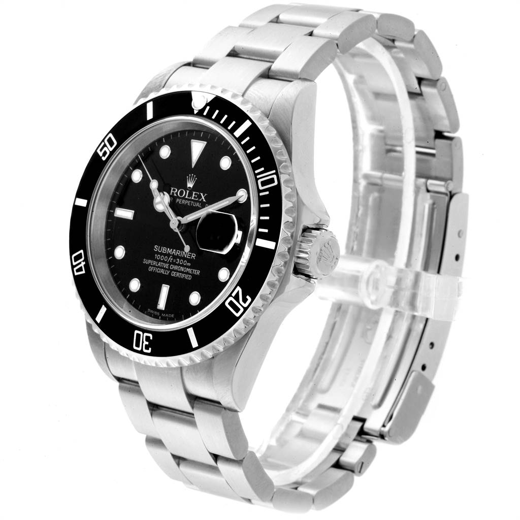 The image shows a Rolex Submariner 16610 Men
s Stainless Steel Black Dial 16610 Men
s Stainless Steel Black Dial watch at an angled side view, displaying its face, bezel, and metal bracelet.