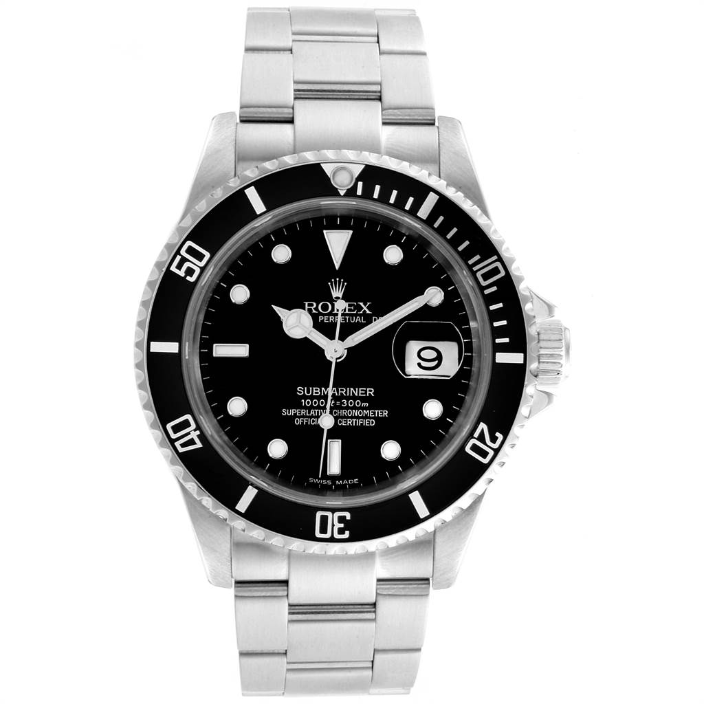 The image shows a frontal view of a Rolex Submariner 16610 Men
s Stainless Steel Black Dial 16610 Men
s Stainless Steel Black Dial watch, highlighting the dial, bezel, and bracelet.
