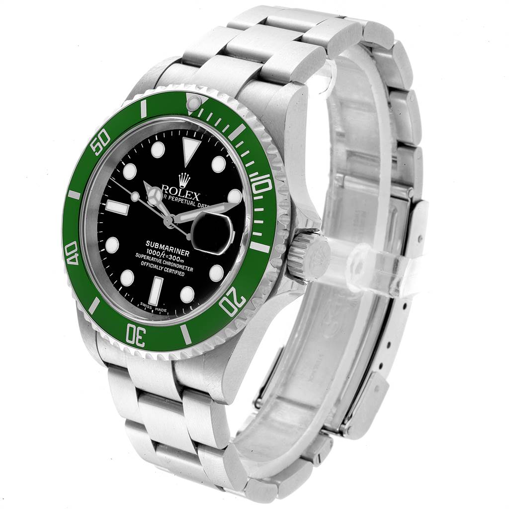 The image shows a Rolex Submariner 16610LV Men's Stainless Steel Black Dial 16610LV Men's Stainless Steel Black Dial watch at an angle, highlighting the face, bezel, and stainless steel bracelet.