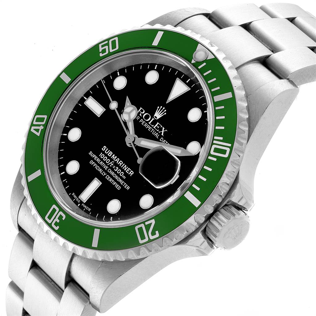 The image shows a close-up, angled view of the Rolex Submariner 16610LV Men's Stainless Steel Black Dial 16610LV Men's Stainless Steel Black Dial watch, highlighting the dial, bezel, and part of the bracelet.