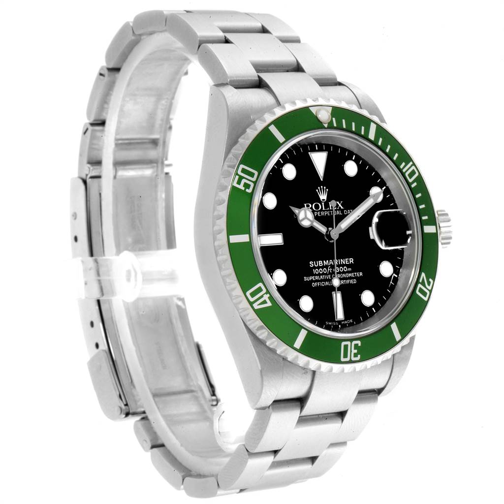 The image shows a Rolex Submariner 16610LV Men's Stainless Steel Black Dial 16610LV Men's Stainless Steel Black Dial watch angled to display its face, bezel, and stainless steel bracelet.