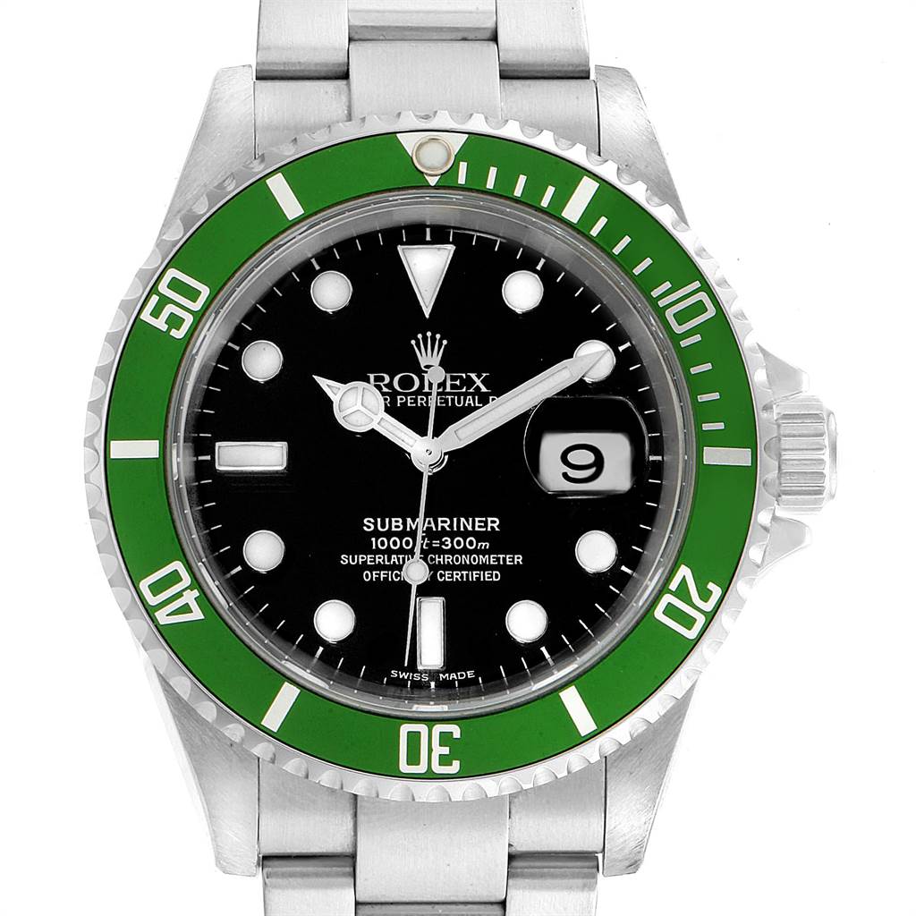 The image shows a front view of a Rolex Submariner 16610LV Men's Stainless Steel Black Dial 16610LV Men's Stainless Steel Black Dial watch, highlighting the green bezel, black dial, date window, and stainless steel bracelet.