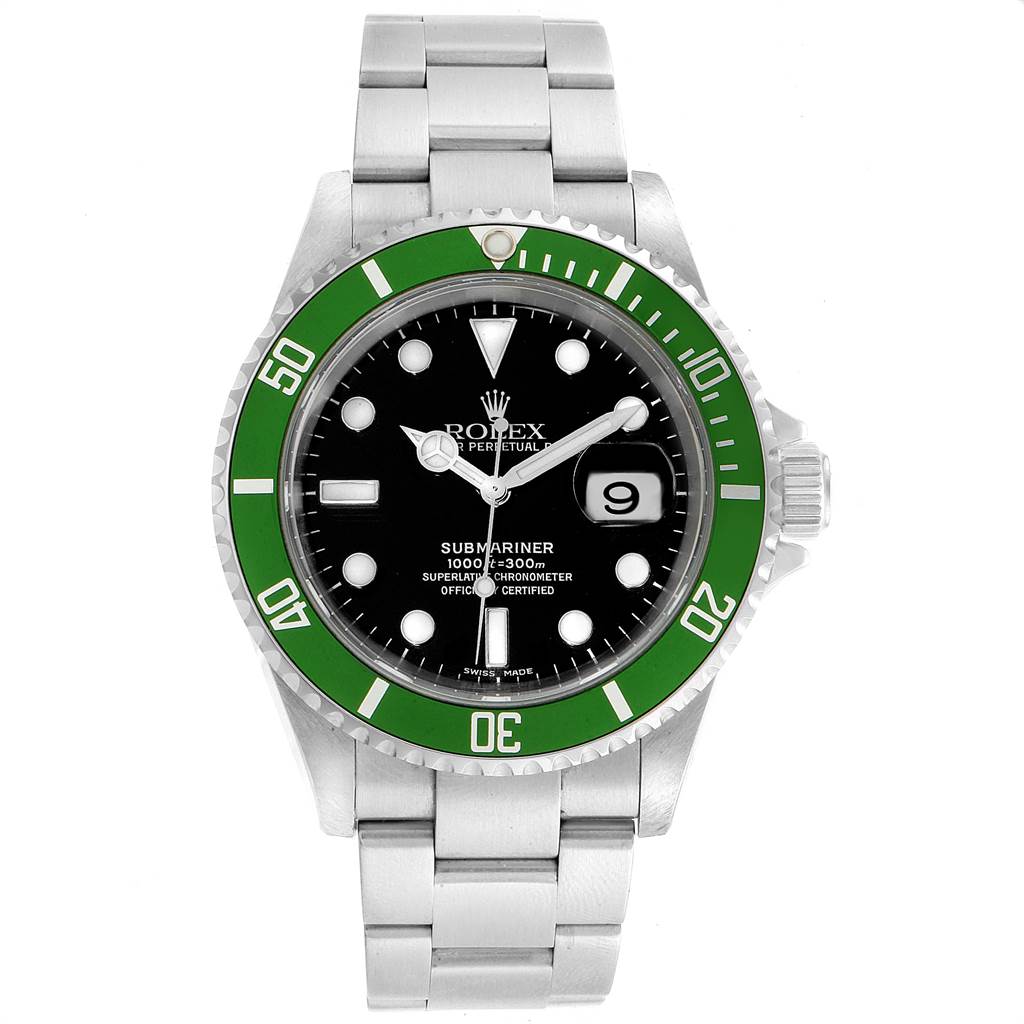 This image shows a frontal view of the Rolex Submariner 16610LV Men's Stainless Steel Black Dial 16610LV Men's Stainless Steel Black Dial watch, displaying the bezel, dial, hands, and bracelet.