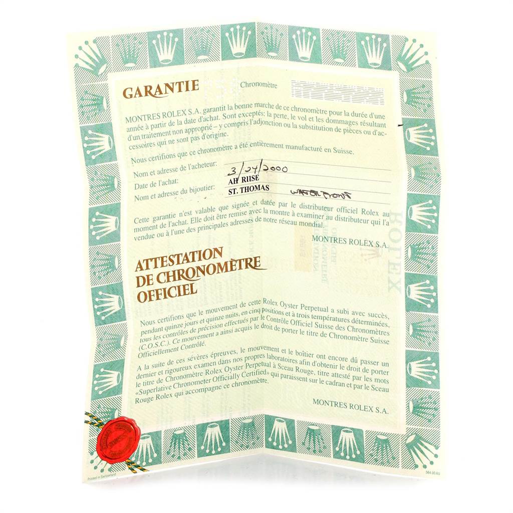 The image shows a guarantee and official chronometer certification document for a Rolex Submariner 16613 Men
s Steel and Gold (two tone) Blue Dial 16613 Men
s Steel and Gold (two tone) Blue Dial watch.