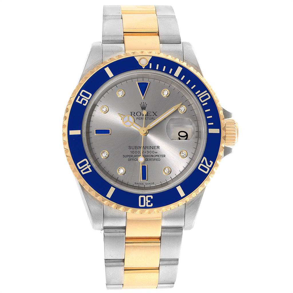 Front view of a Rolex Submariner 16613 Men's Steel and Gold (two tone) Grey Dial 16613 Men's Steel and Gold (two tone) Grey Dial watch displaying the dial, bezel, and bracelet.