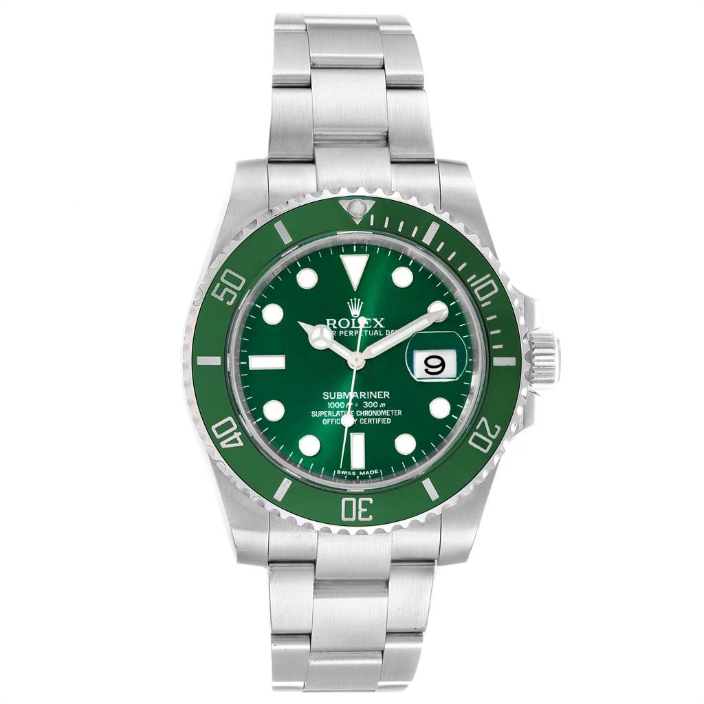 This Rolex Submariner 116610LV Men
s Stainless Steel Green Dial 116610LV Men
s Stainless Steel Green Dial watch is shown from a front angle, displaying its green dial, bezel, and stainless steel bracelet.
