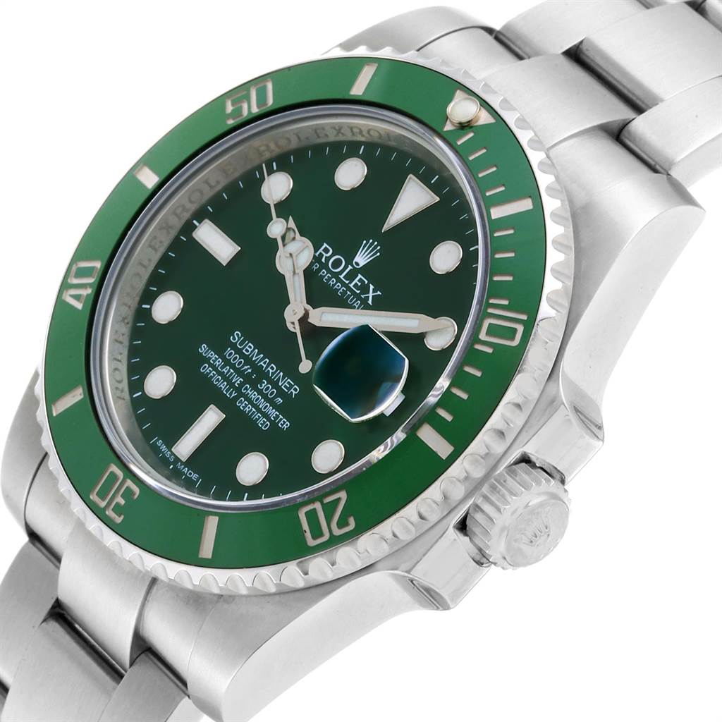 The image shows a close-up angle of the Rolex Submariner 116610LV Men
s Stainless Steel Green Dial 116610LV Men
s Stainless Steel Green Dial watch, highlighting the green bezel, dial, and part of the stainless-steel bracelet.