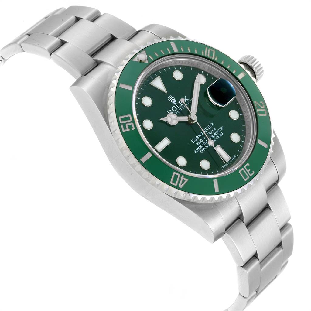 This image shows a side angle of a Rolex Submariner 116610LV Men
s Stainless Steel Green Dial 116610LV Men
s Stainless Steel Green Dial watch, highlighting its green bezel, dial, and metal bracelet.