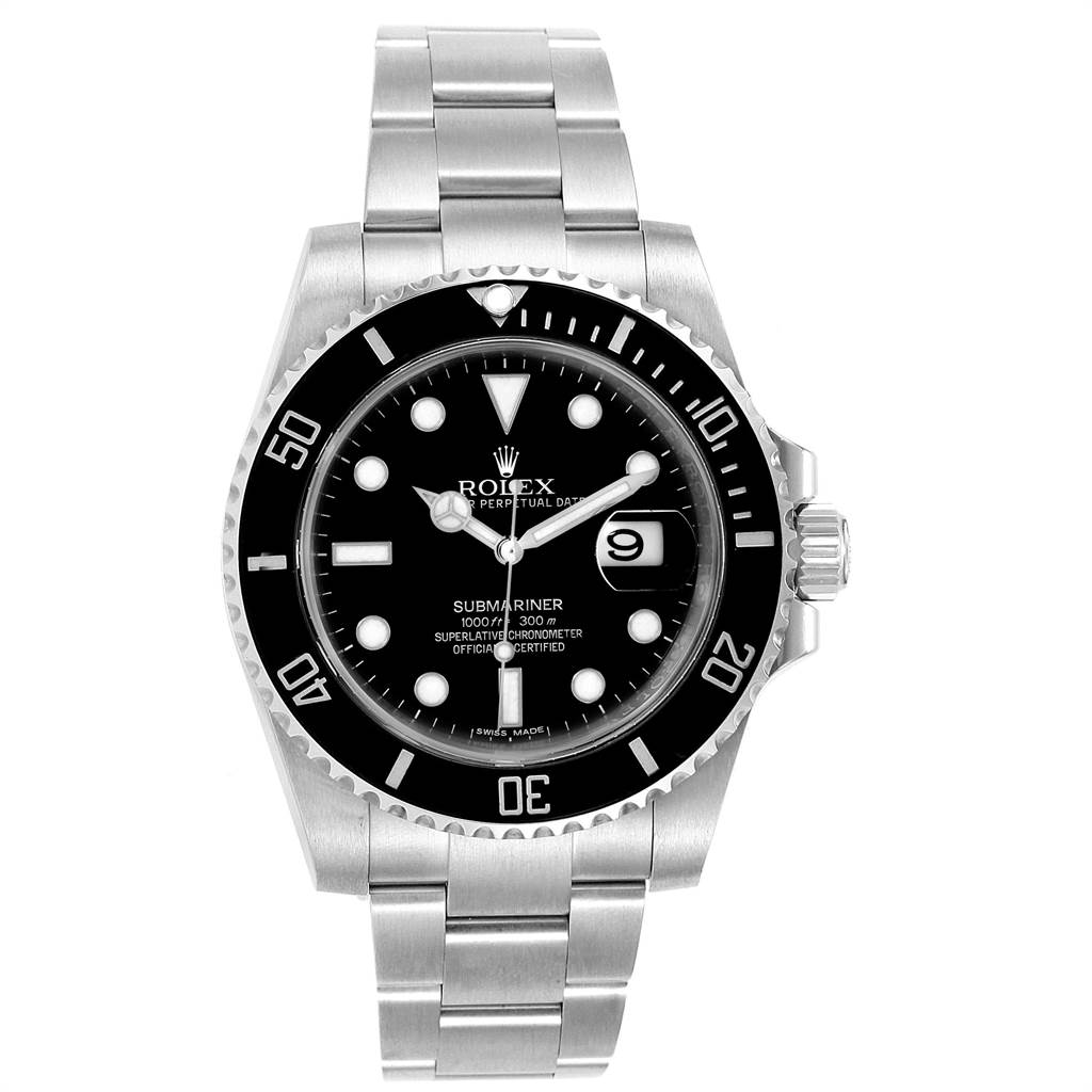 This image shows a front view of the Rolex Submariner 116610 Men's Stainless Steel Black Dial 116610 Men's Stainless Steel Black Dial watch, displaying its black dial, bezel, and stainless steel bracelet.