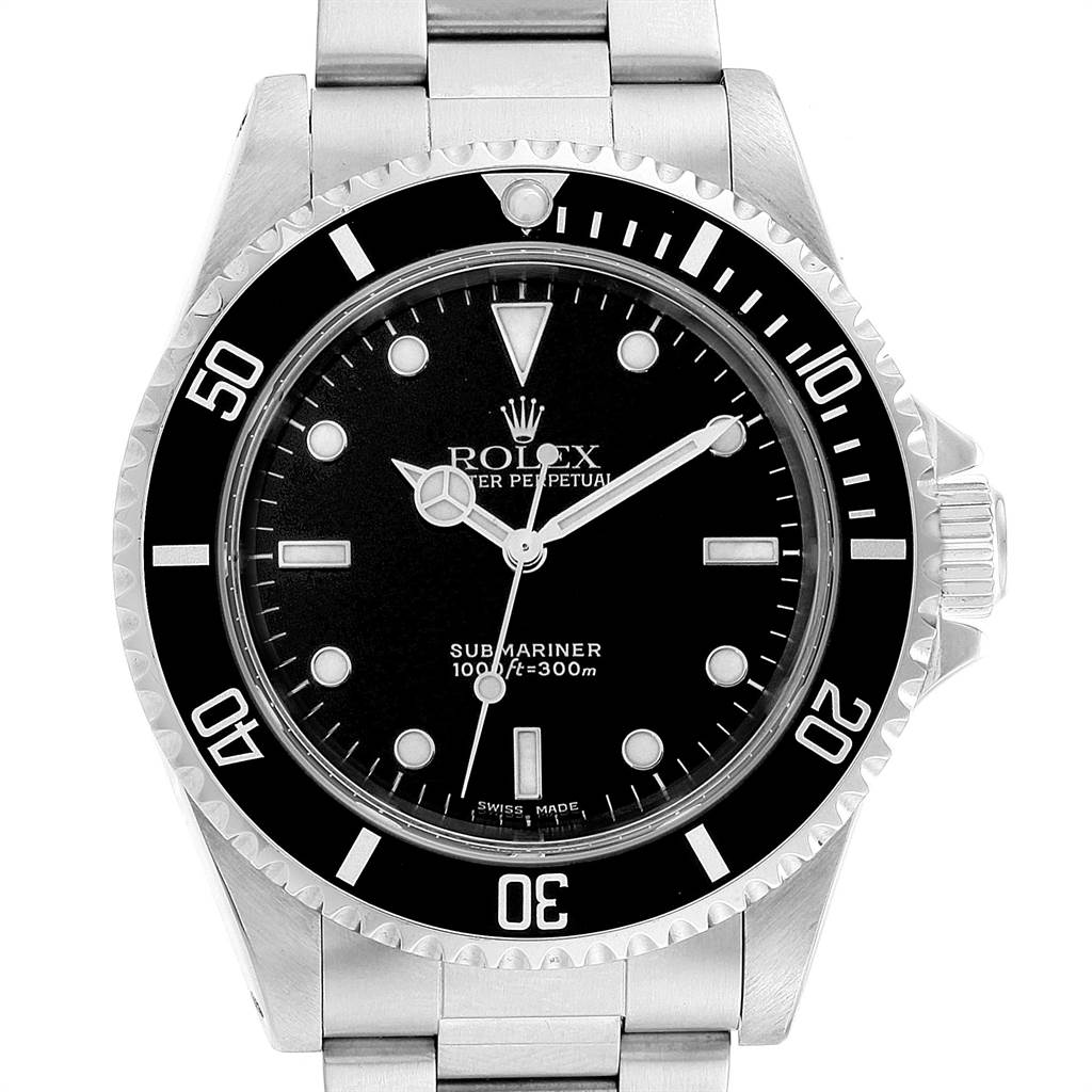 The image shows a front view of a Rolex Submariner 14060 Men
s Stainless Steel Black Dial 14060 Men
s Stainless Steel Black Dial watch with the dial, bezel, crown, and metal bracelet fully visible.