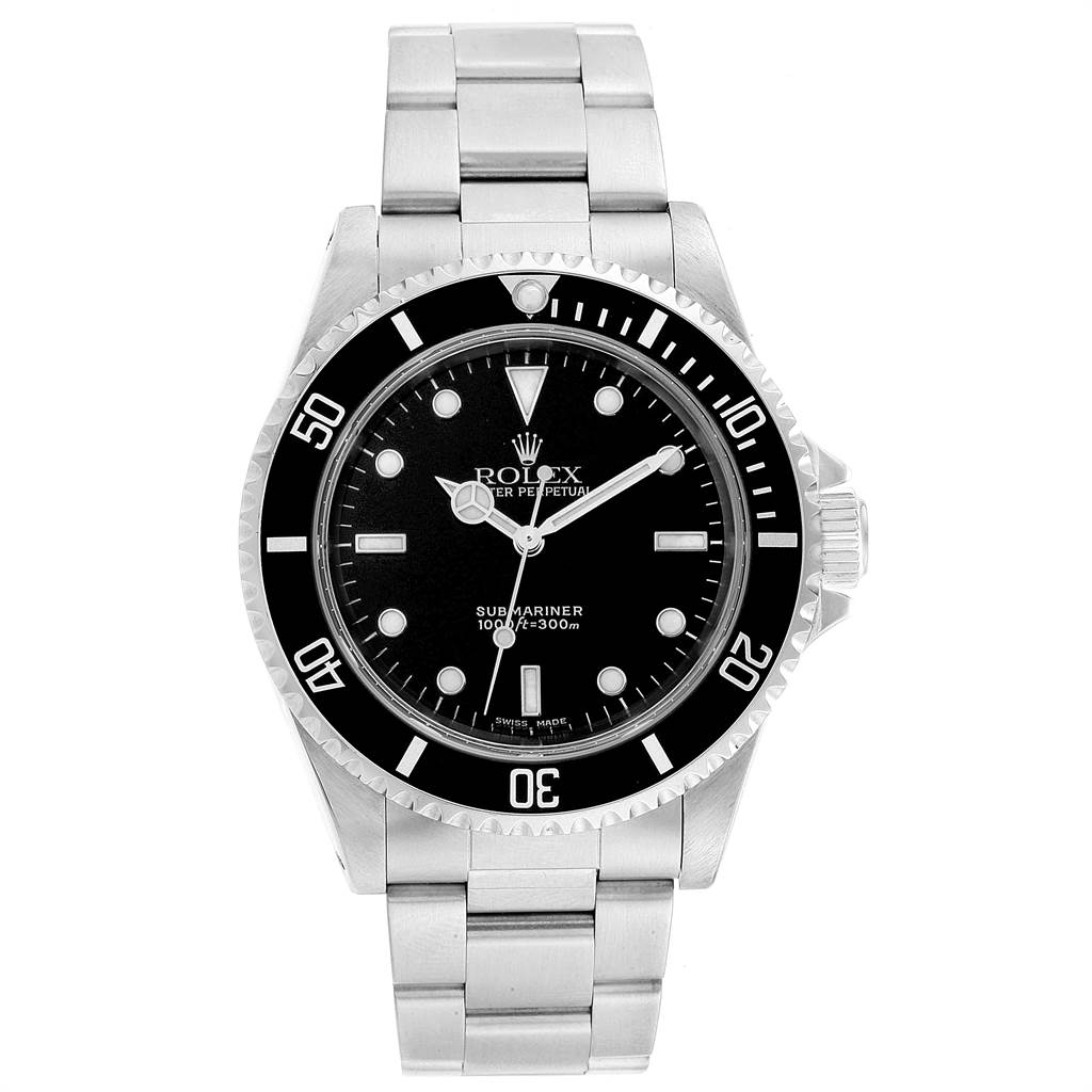 The image shows a frontal view of a Rolex Submariner 14060 Men
s Stainless Steel Black Dial 14060 Men
s Stainless Steel Black Dial watch, displaying its dial, bezel, and stainless steel bracelet.