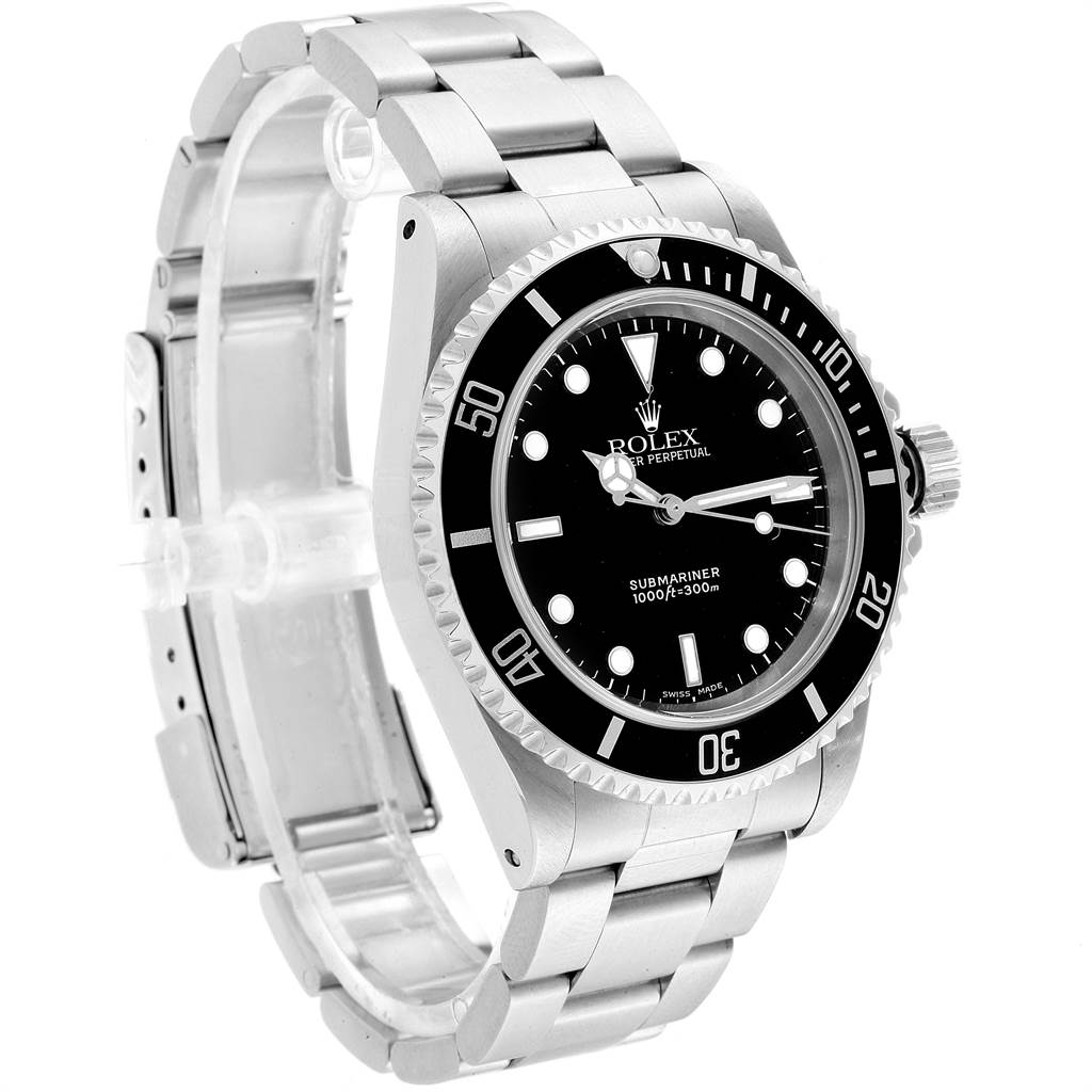 The image shows a side angle of the Rolex Submariner 14060 Men
s Stainless Steel Black Dial 14060 Men
s Stainless Steel Black Dial watch, highlighting the bezel, dial, and bracelet.