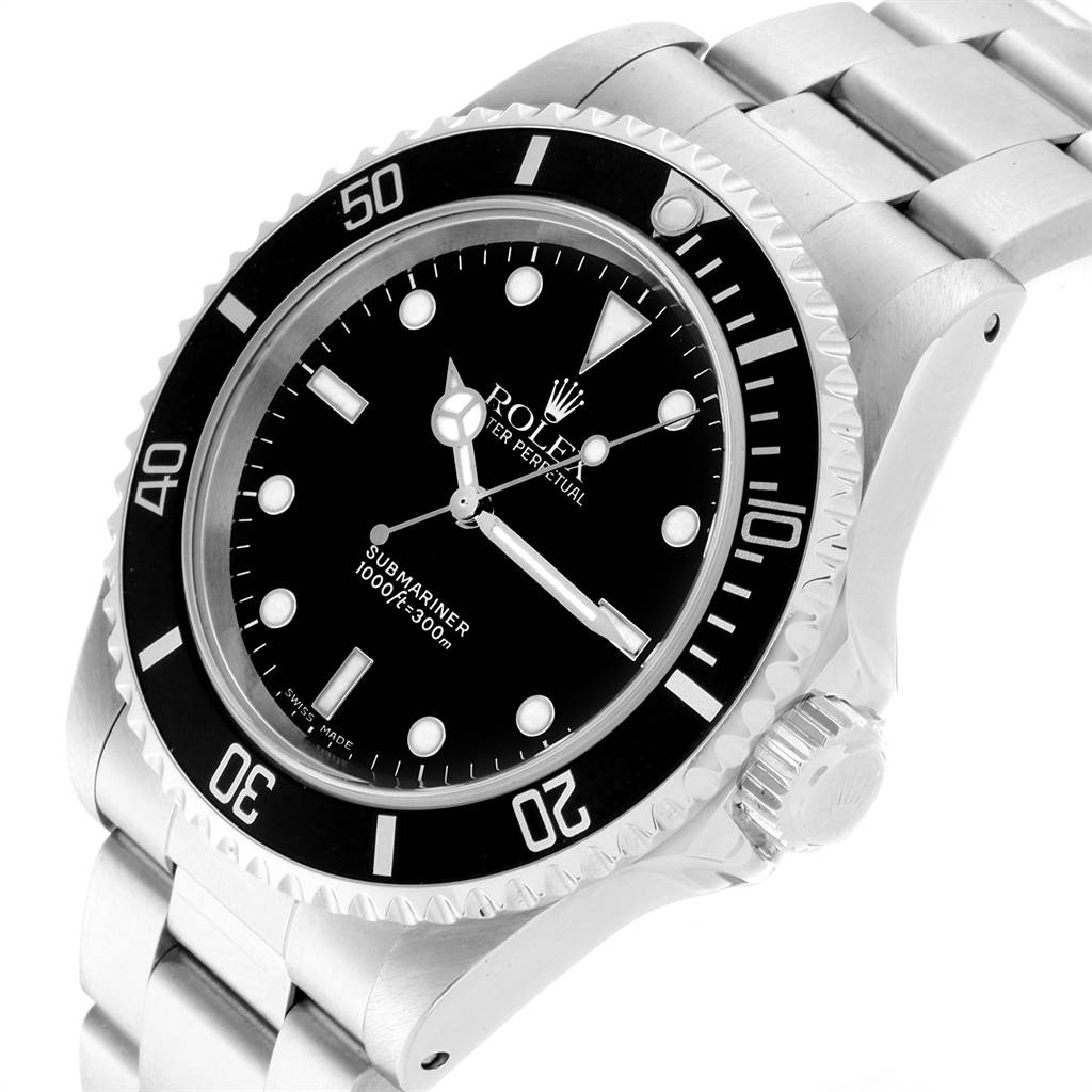 The photo shows a close-up of a Rolex Submariner 14060 Men
s Stainless Steel Black Dial 14060 Men
s Stainless Steel Black Dial watch, highlighting its face, bezel, and part of its bracelet.