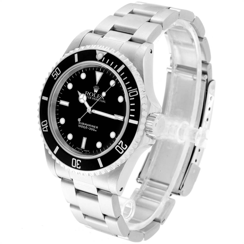 The image shows a Rolex Submariner 14060 Men
s Stainless Steel Black Dial 14060 Men
s Stainless Steel Black Dial watch at a three-quarter angle, highlighting its face, bezel, and bracelet.