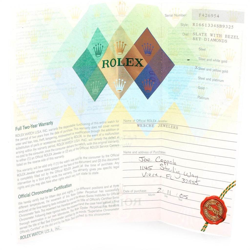 This image shows a warranty and certification card for a Rolex Submariner 16613 Men
s Steel and Gold (two tone) Grey Dial 16613 Men
s Steel and Gold (two tone) Grey Dial watch.
