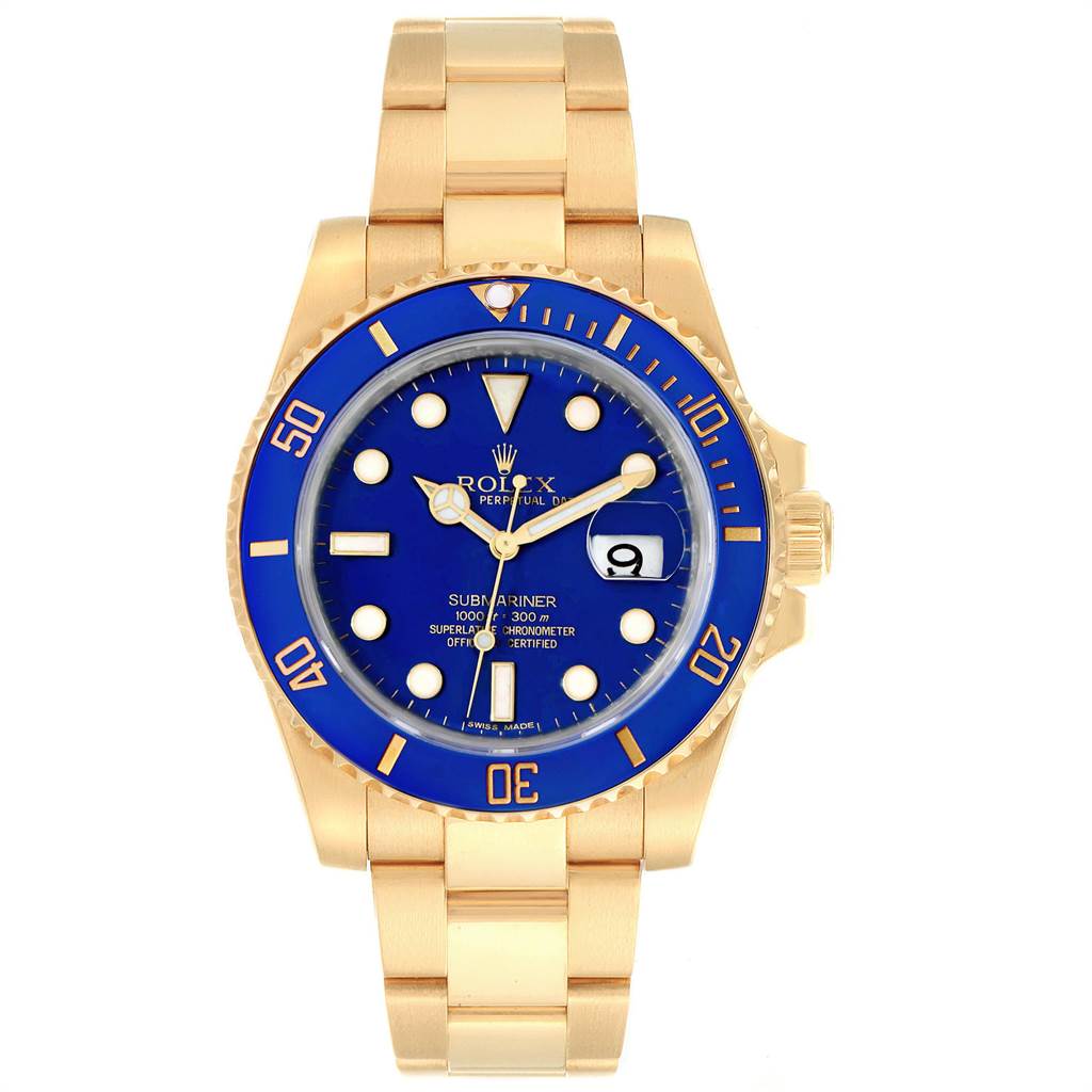 The image shows a Rolex Submariner 116618 Men's Yellow Gold Blue Dial 116618 Men's Yellow Gold Blue Dial watch in a frontal view, highlighting the face, bezel, and bracelet.