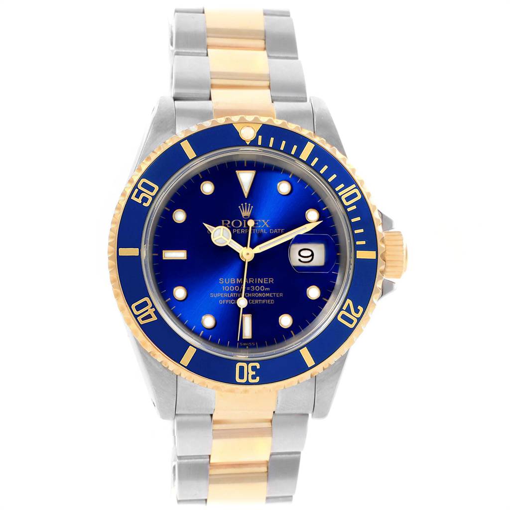 The image shows a Rolex Submariner 16613 Men
s Steel and Gold (two tone) Blue Dial 16613 Men
s Steel and Gold (two tone) Blue Dial watch from a front angle, highlighting the blue face, gold bezel, and two-tone bracelet.
