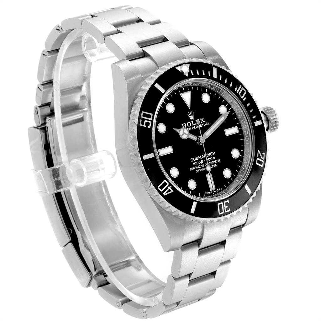 The image shows a Rolex Submariner 114060 Men
s Stainless Steel Black Dial 114060 Men
s Stainless Steel Black Dial watch from a front-side angle, highlighting the dial, bezel, and metal bracelet.