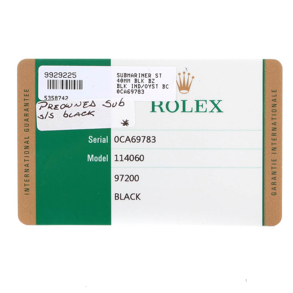 This image shows the international guarantee card for the Rolex Submariner 114060 Men
s Stainless Steel Black Dial 114060 Men
s Stainless Steel Black Dial model, detailing the serial and model numbers.