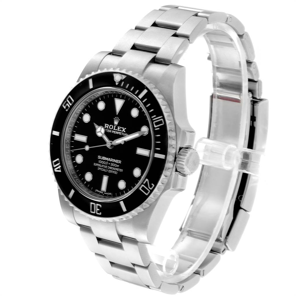 This image shows a Rolex Submariner 114060 Men
s Stainless Steel Black Dial 114060 Men
s Stainless Steel Black Dial watch angled to display the face, bezel, crown, and part of the bracelet.