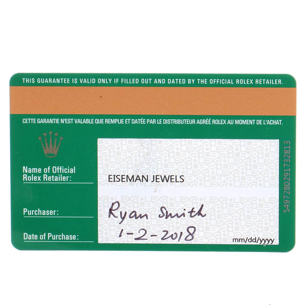 The image shows a warranty card for a Rolex Submariner 114060 Men
s Stainless Steel Black Dial 114060 Men
s Stainless Steel Black Dial watch from an official retailer.