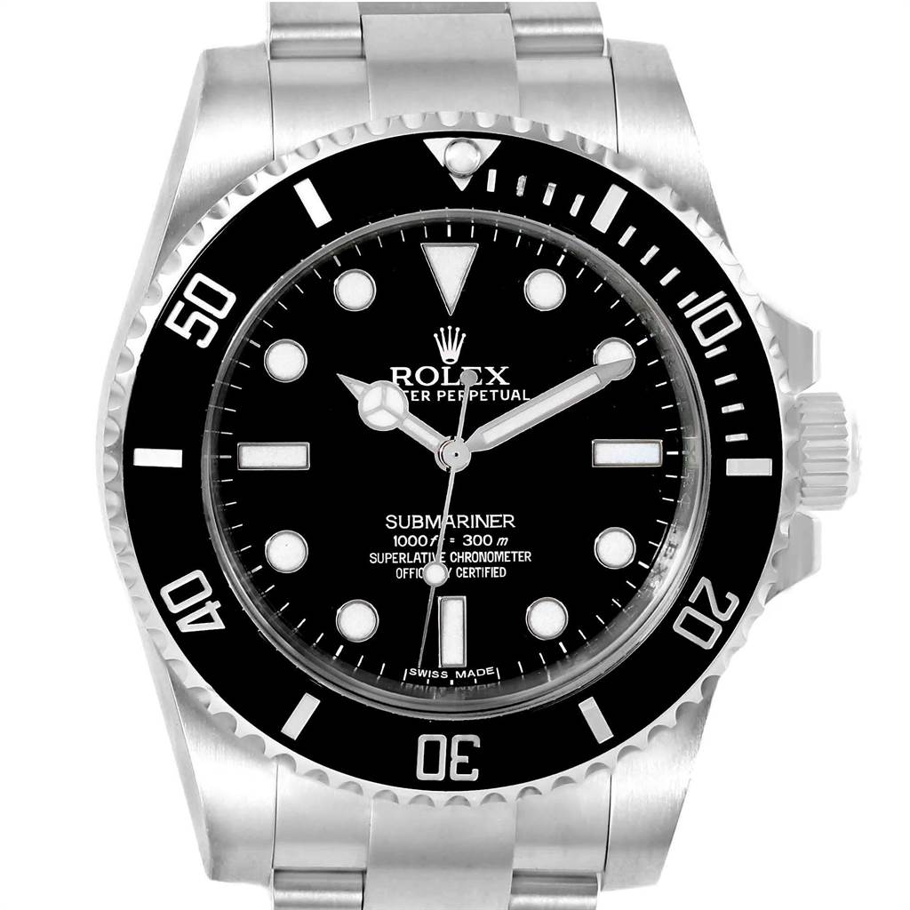 The image shows a front angle view of a Rolex Submariner 114060 Men
s Stainless Steel Black Dial 114060 Men
s Stainless Steel Black Dial watch, displaying its black dial, bezel, and stainless steel bracelet.