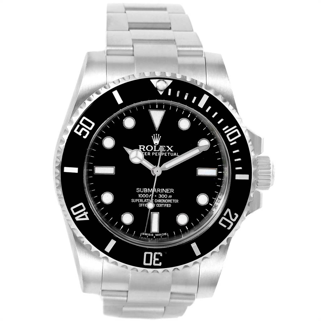 This image shows a front-facing view of the Rolex Submariner 114060 Men
s Stainless Steel Black Dial 114060 Men
s Stainless Steel Black Dial watch, highlighting its black dial and stainless steel bracelet.