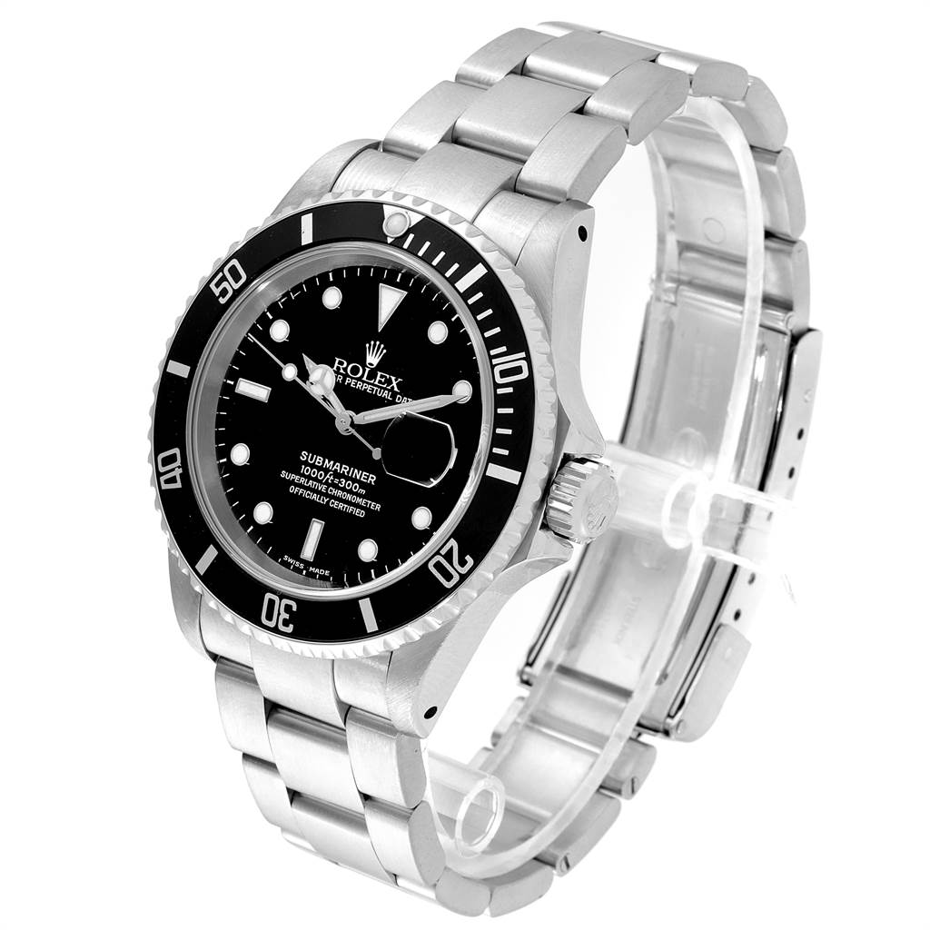 The Rolex Submariner 16610 Men
s Stainless Steel Black Dial 16610 Men
s Stainless Steel Black Dial is shown at a three-quarter angle, displaying the dial, bezel, bracelet, and crown.
