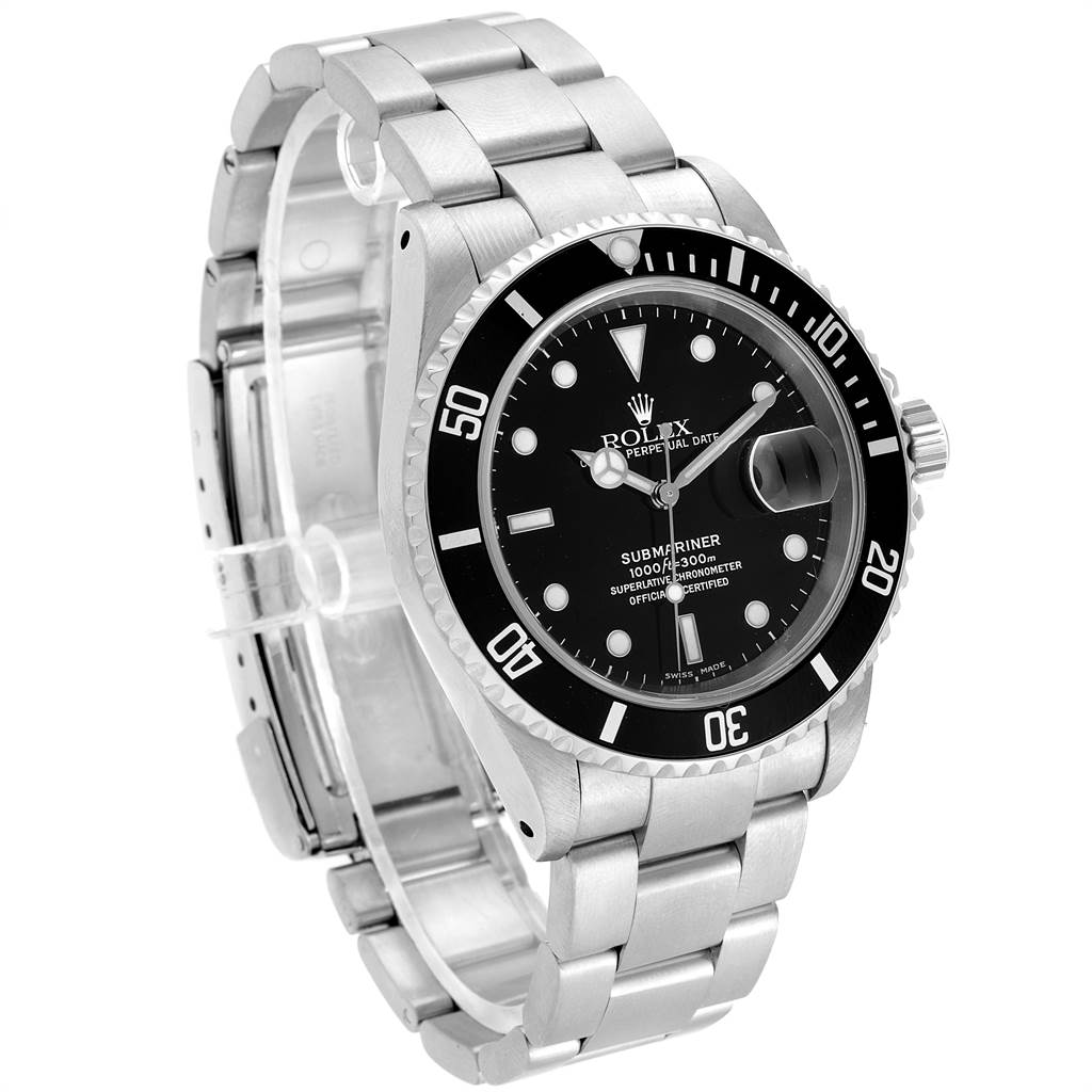 This image shows a Rolex Submariner 16610 Men
s Stainless Steel Black Dial 16610 Men
s Stainless Steel Black Dial watch at a slight side angle, displaying its face, bezel, crown, and bracelet.