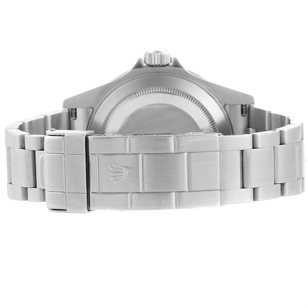 This image shows the back view of a Rolex Submariner 16610LV Men
s Stainless Steel Black Dial 16610LV Men
s Stainless Steel Black Dial watch, focusing on its case back and bracelet with the clasp visible.