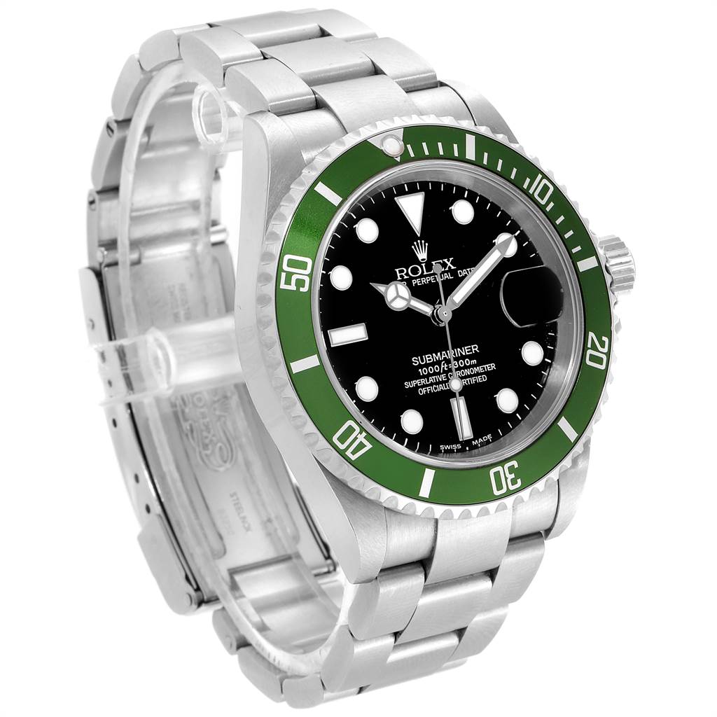 The image shows a Rolex Submariner 16610LV Men
s Stainless Steel Black Dial 16610LV Men
s Stainless Steel Black Dial watch from an angled side view, highlighting its green bezel, black dial, and metal bracelet.