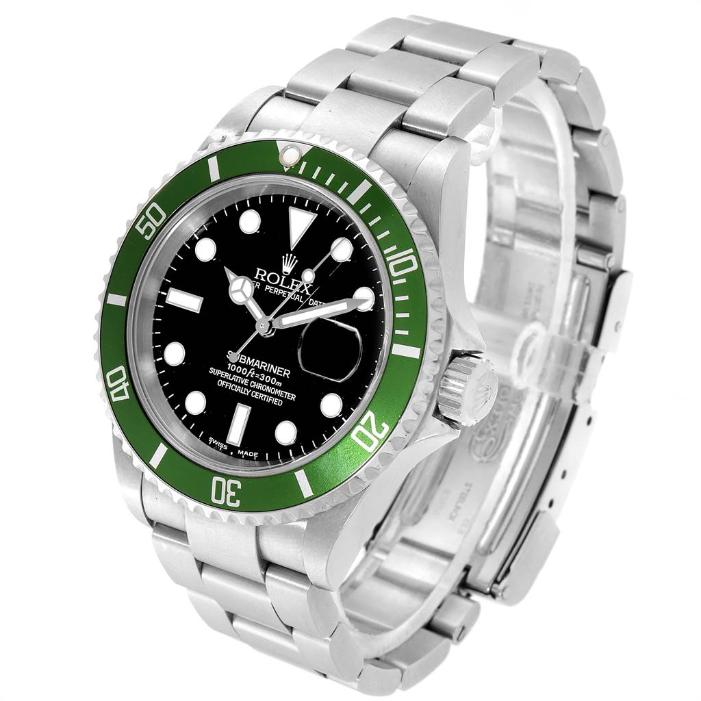 The image shows a Rolex Submariner 16610LV Men
s Stainless Steel Black Dial 16610LV Men
s Stainless Steel Black Dial watch from a three-quarter view, highlighting its green bezel, black dial, and stainless steel bracelet.