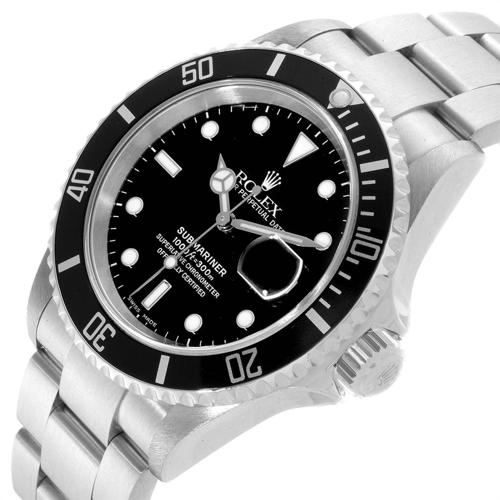 This image shows a Rolex Submariner 16610 Men
s Stainless Steel Black Dial 16610 Men
s Stainless Steel Black Dial watch at a slight side angle, highlighting the dial, bezel, and part of the bracelet.