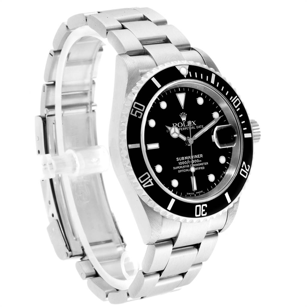 The image shows a Rolex Submariner 16610 Men
s Stainless Steel Black Dial 16610 Men
s Stainless Steel Black Dial watch at a slight angle, revealing the face, bezel, and bracelet.