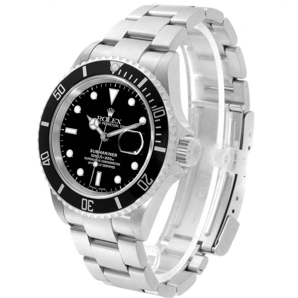 The image shows a Rolex Submariner 16610 Men
s Stainless Steel Black Dial 16610 Men
s Stainless Steel Black Dial watch from a partial side angle, highlighting the dial, bezel, crown, and bracelet.