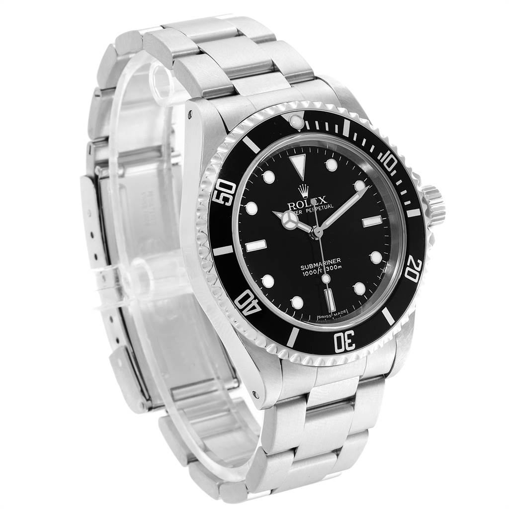 The image shows a Rolex Submariner 14060 Men
s Stainless Steel Black Dial 14060 Men
s Stainless Steel Black Dial watch from a 3/4 angle, highlighting the dial, bezel, and bracelet.