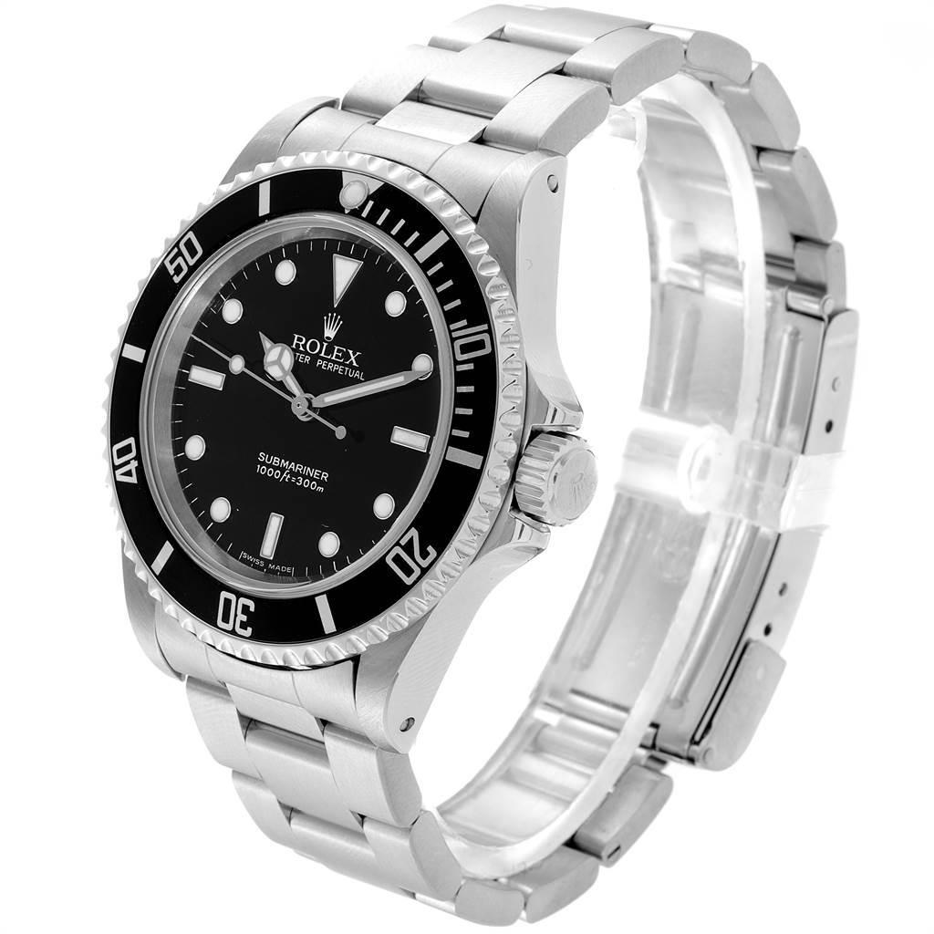 This image shows a side-angle view of a Rolex Submariner 14060 Men
s Stainless Steel Black Dial 14060 Men
s Stainless Steel Black Dial watch, highlighting its case, dial, bezel, and bracelet.