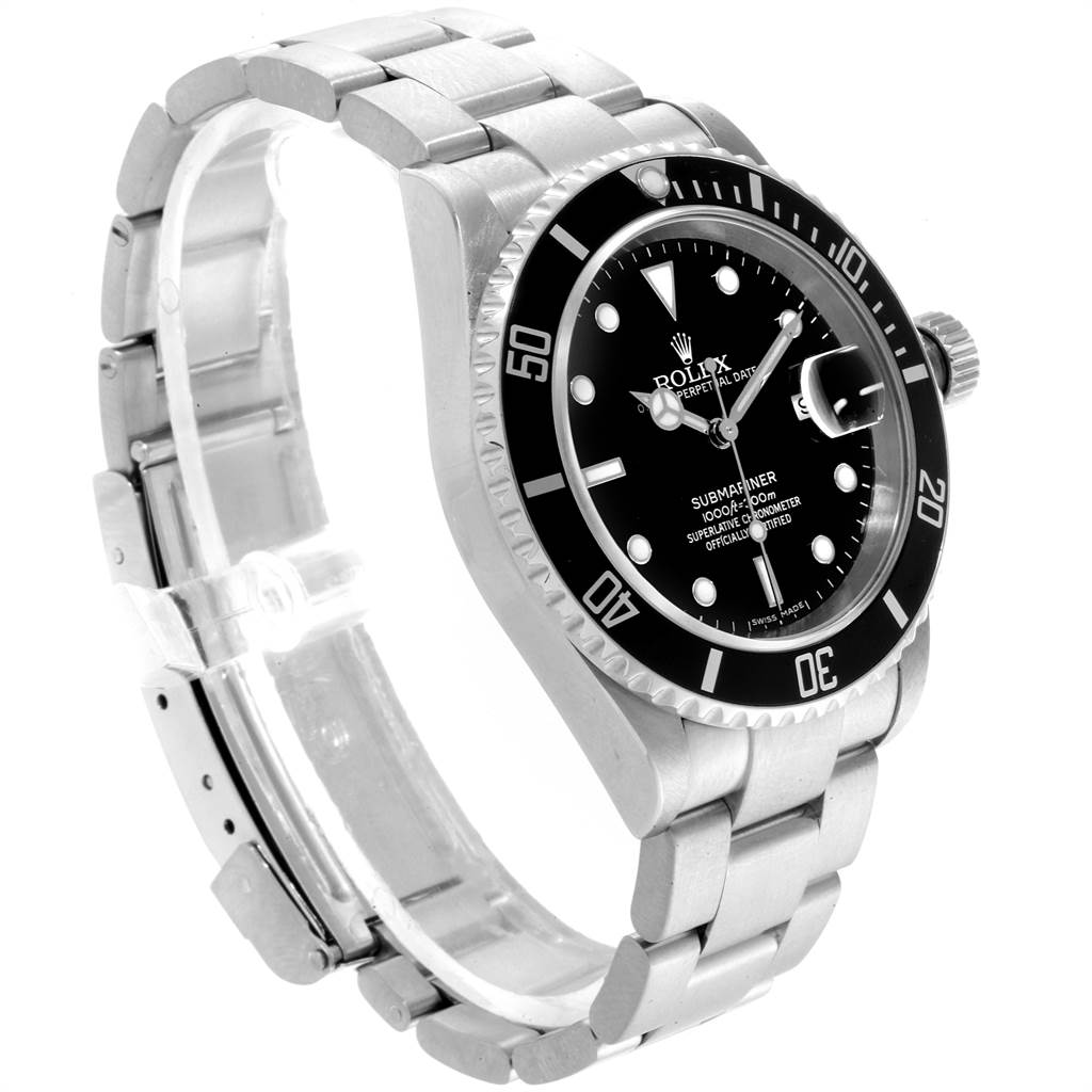This Rolex Submariner 16610 Men
s Stainless Steel Black Dial 16610 Men
s Stainless Steel Black Dial watch is shown at a three-quarter angle, displaying the bracelet and black dial.