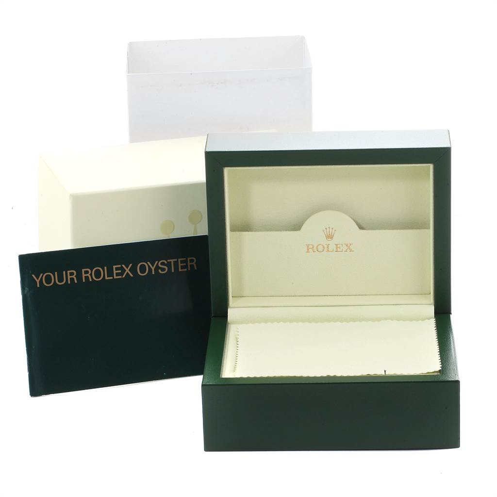 The image shows the packaging box, inner box, instruction booklet, and cloth for a Rolex Submariner 16610 Men
s Stainless Steel Black Dial 16610 Men
s Stainless Steel Black Dial watch.