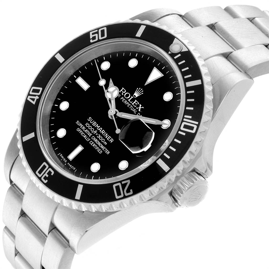 The image shows a close-up angle of a Rolex Submariner 16610 Men
s Stainless Steel Black Dial 16610 Men
s Stainless Steel Black Dial watch, highlighting its face, bezel, crown, and bracelet.
