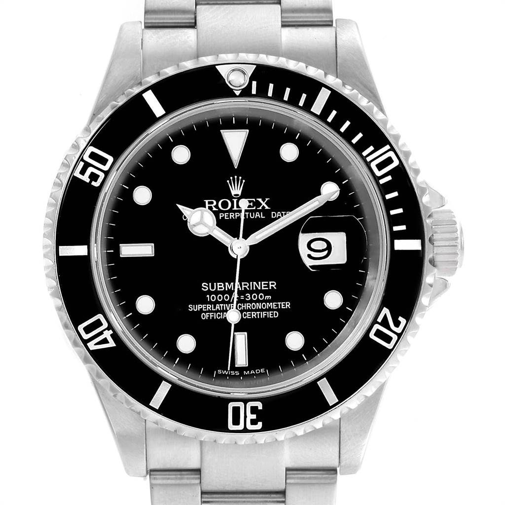 This Rolex Submariner 16610 Men
s Stainless Steel Black Dial 16610 Men
s Stainless Steel Black Dial watch is shown from a front angle, displaying the face, bezel, hands, and part of the bracelet.