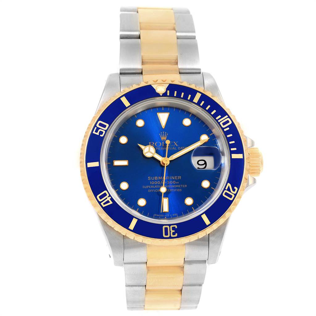 The Rolex Submariner 16613 Men
s Steel and Gold (two tone) Blue Dial 16613 Men
s Steel and Gold (two tone) Blue Dial watch is shown from the front, highlighting its blue dial, date window, and metal bracelet.