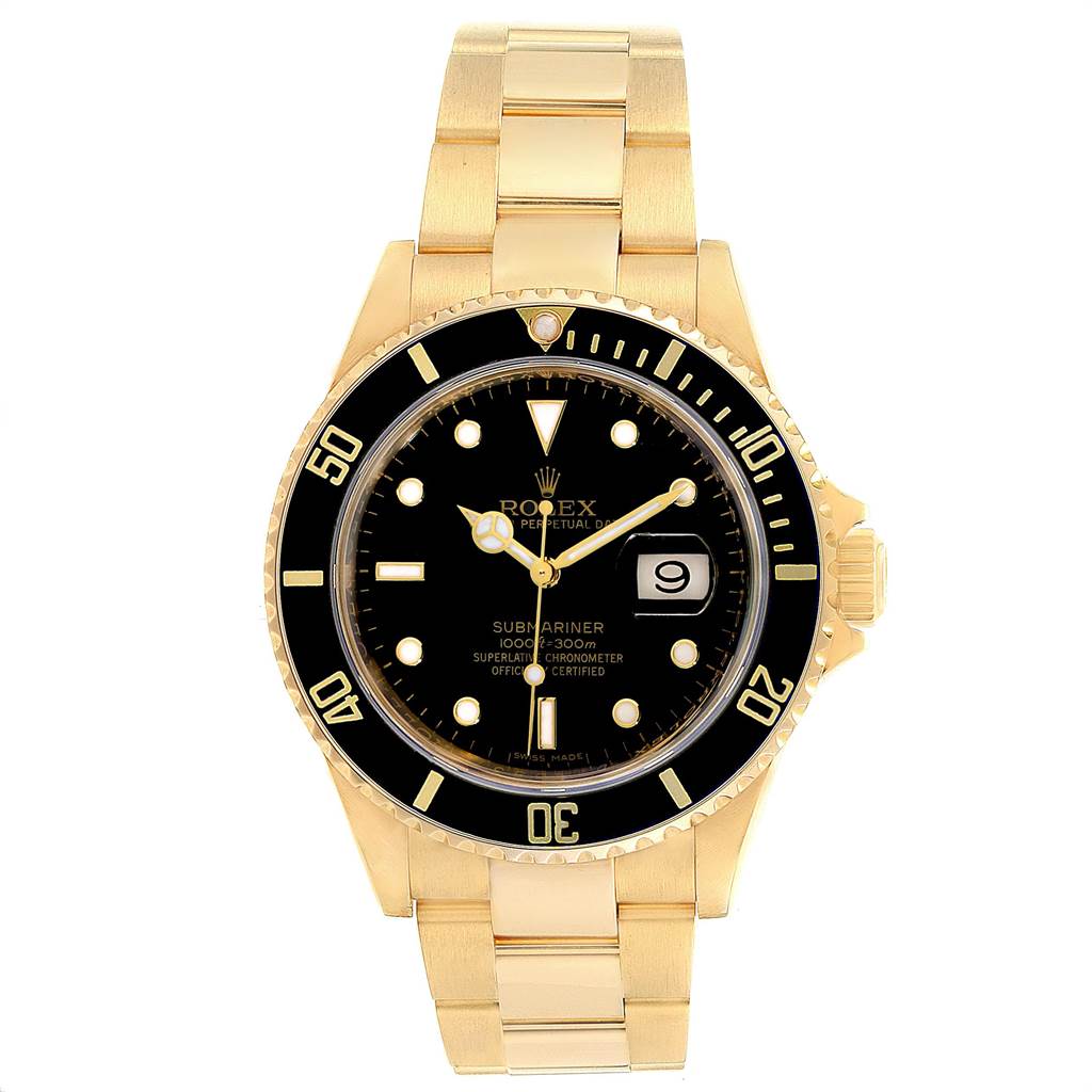 This image shows a Rolex Submariner 16618 Men
s Yellow Gold Black Dial 16618 Men
s Yellow Gold Black Dial watch in gold, captured from a frontal angle, displaying its face, bezel, and bracelet.